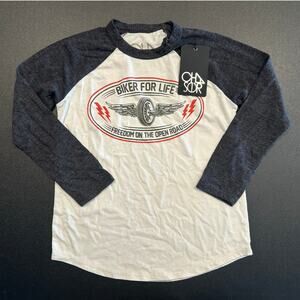 NWT Chaser "Biker for Life" Long Sleeve Baseball Tee, White/Blue, Boys Size 6